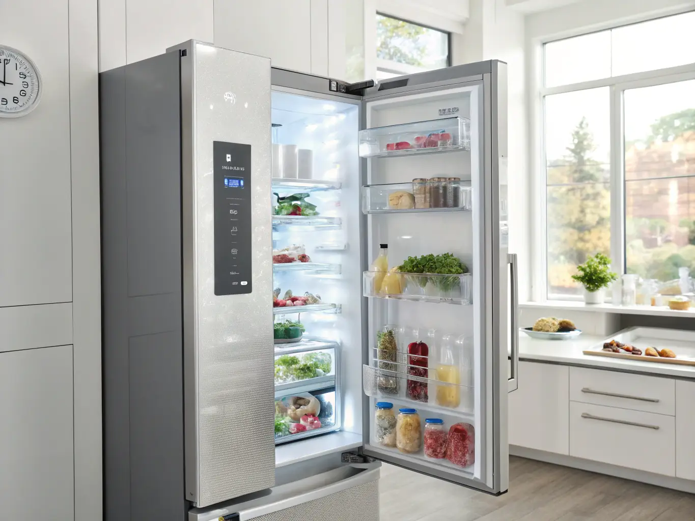 A smart refrigerator with a transparent door, showcasing the organized interior and food items. The refrigerator's display panel shows temperature settings and inventory information.