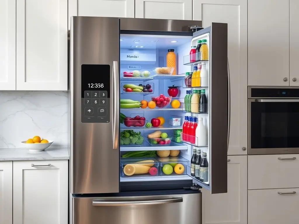 A smart refrigerator displaying a recipe on its screen, with ingredients visible inside the fridge. The image emphasizes the connectivity and smart capabilities of the appliance.